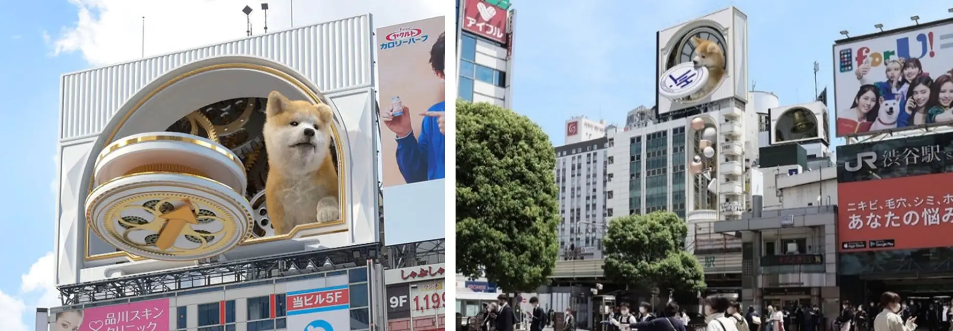 ヒットのDOOH特化型クリエイティブ制作事例　肉眼3Dで飛び出す「渋谷の犬」 　　左）シブハチヒットビジョン 右）シンクロ7シブヤヒットビジョン